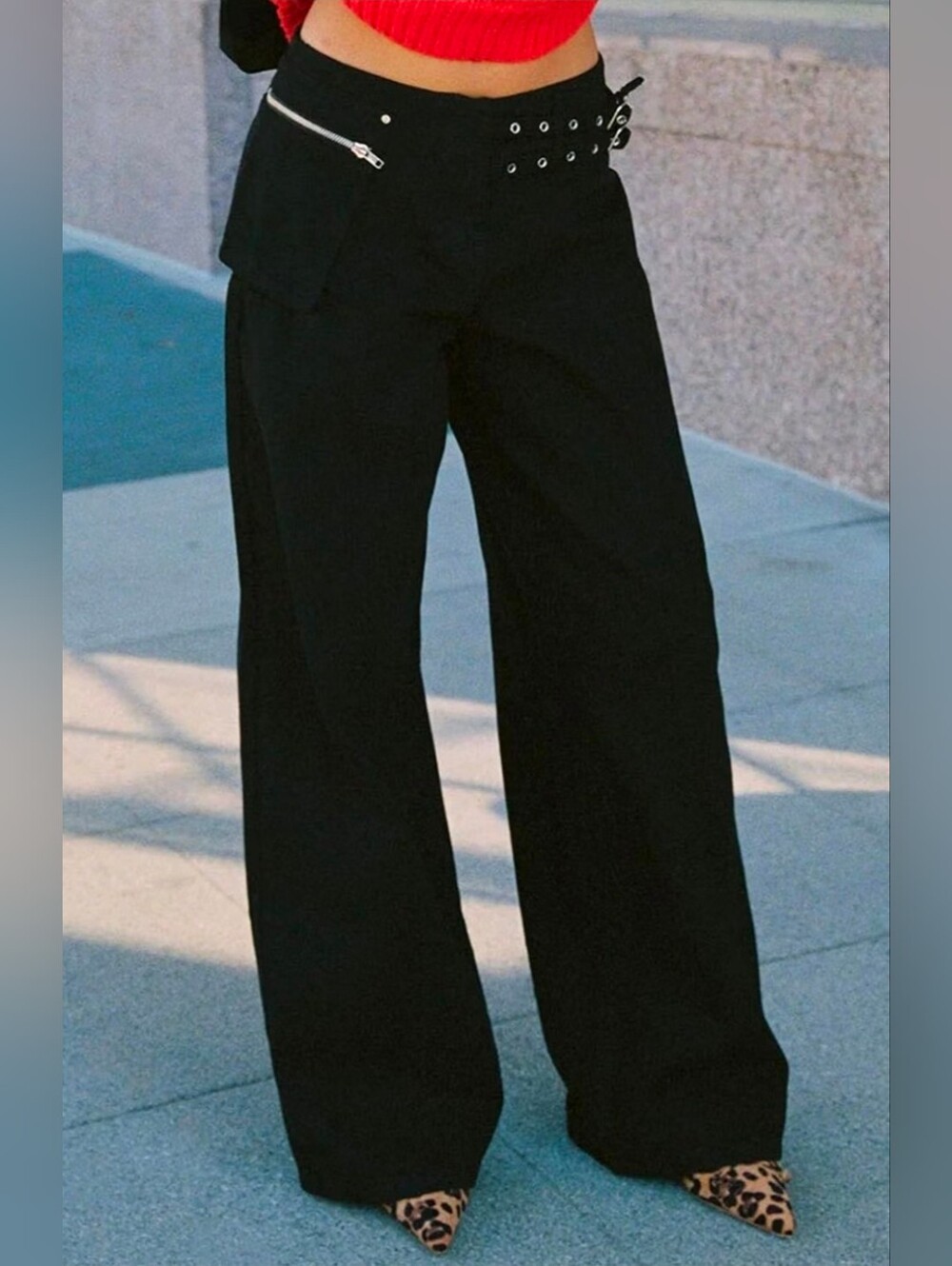 NWT ebossy Womens Adjustable Bukle Waist Boyfriend Baggy Low Rise Wide Leg Jeans